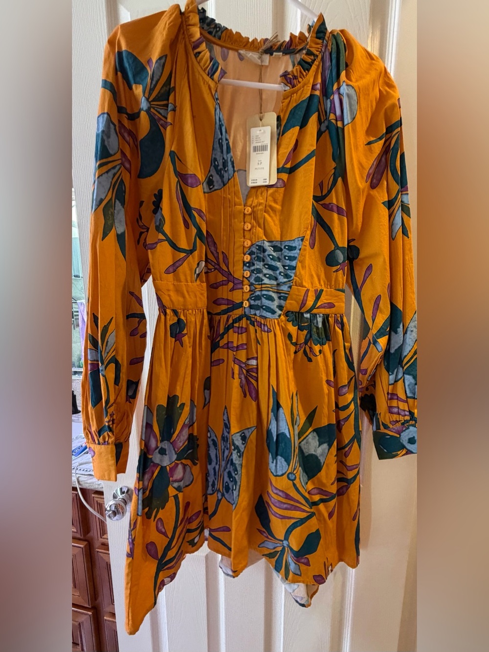 Mustard Floral Long Sleeve Mini Dress from Anthropologie
